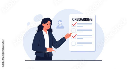 Businesswoman explains onboarding checklist, new employee integration, HR process