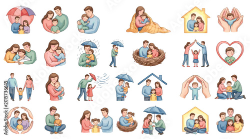 Colorful family protection and care icon set with parents, children, home, shelter, adoption, health support and loving relationship scenes
