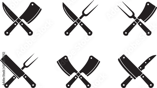 Foto Black crossed kitchen knives and utensils icon set