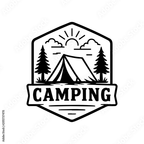 Bild auf Leinwand Black line art logo of a tent and trees with a sunny sky in a hexagonal shape la