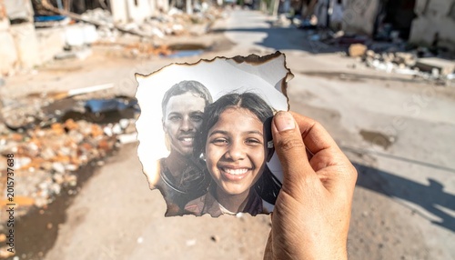 Hand holding a damaged family photograph amidst ruins