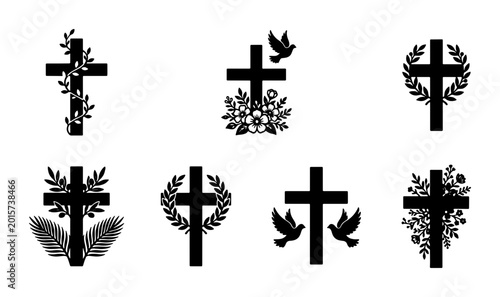 Foto Christian Cross Vector Icons Set: Religious Symbols with Floral Wreaths, Doves,