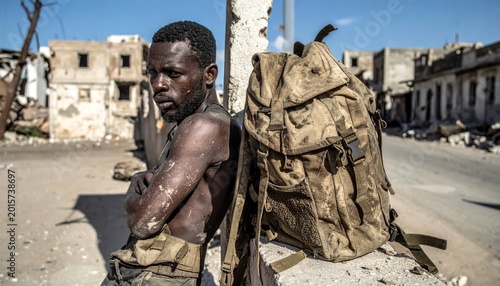 Weary Soldier and Muddy Backpack in Ruined City