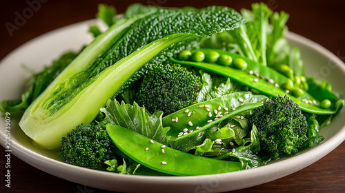 Fresh green vegetable salad with broccoli snow peas leafy greens in a bowl vegetables