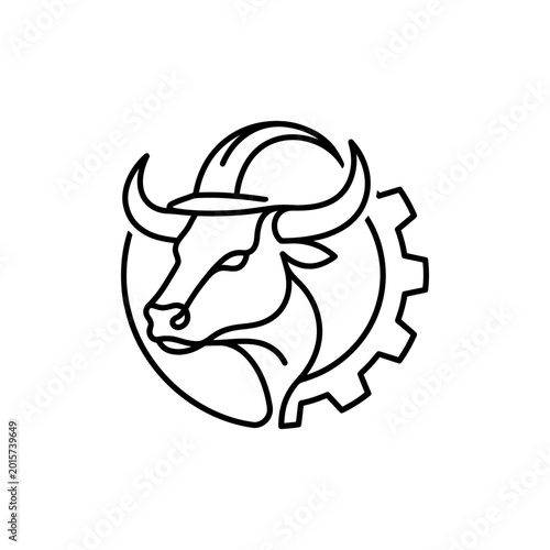 Monoline Bull Head with Hard Hat and Gear Logo Design.