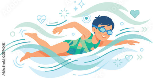 Canvastavla Athletic young girl swimming freestyle in turquoise water with abstract wave elements for sports fitness and summer activities