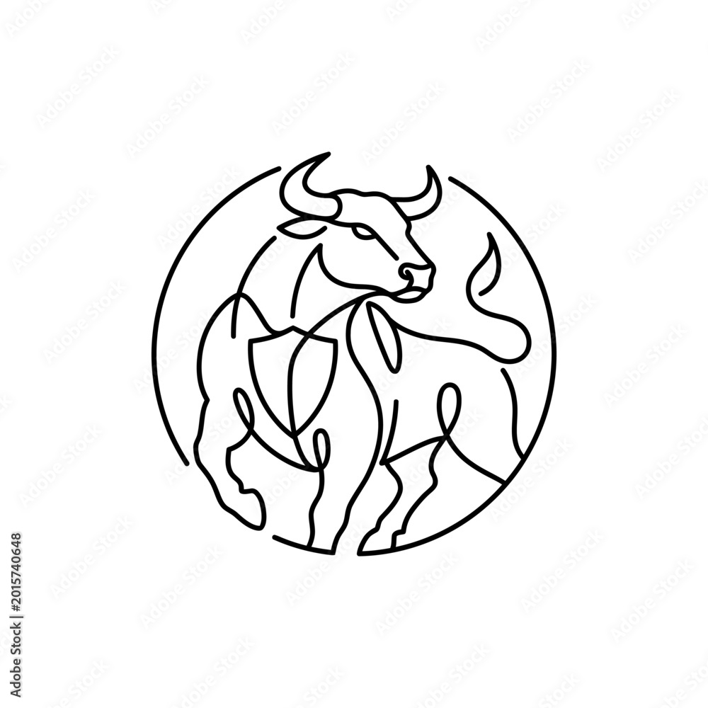 Obraz premium Minimalist Line Art Bull with Shield Logo Design.