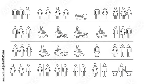 Tableau sur toile WC and restroom icon set with toilet accessible and unisex symbols in clean outl