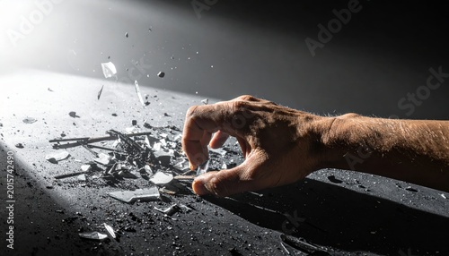 Hand Reaching Carefully for Shattered Glass Shards