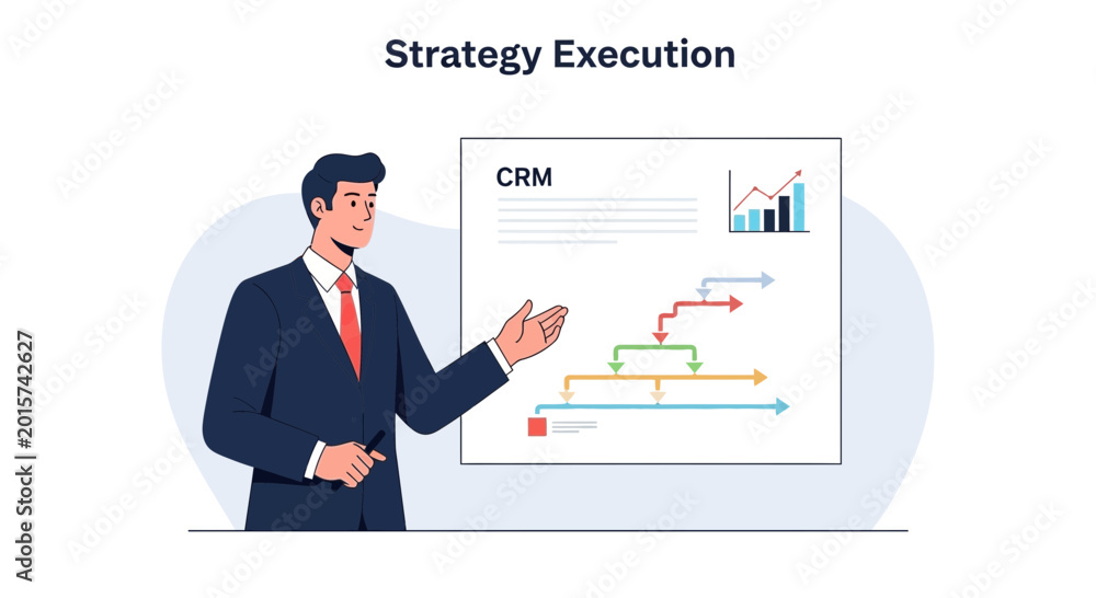 Obraz premium Business Man Presents CRM Strategy Execution and Workflow Flowchart