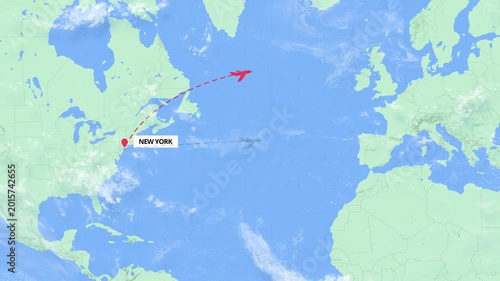 New York to Belgrade Flight Path Map Animation - Green and Blue Map