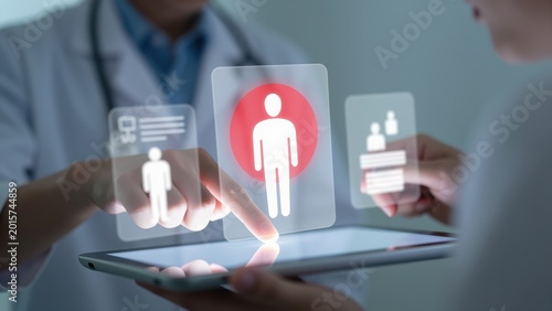 Healthcare Technology: A medical professional interacting with a futuristic digital interface, showcasing innovative patient care and data analysis. 