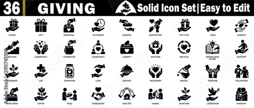 Foto Giving icon set in solid style for charity and community support projects