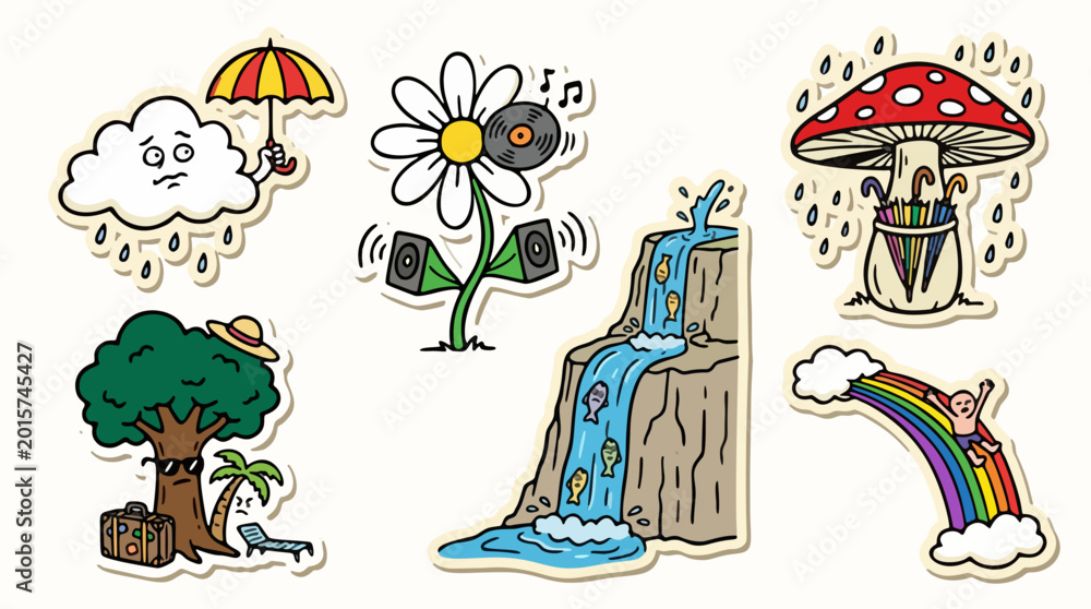 Obraz premium Surreal nature and weather hand drawn doodle sticker set