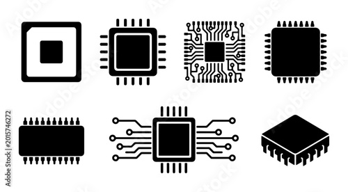 Foto Set of 7 Microchip Icons, Computer Processor Vector Graphics, Electronic Compone