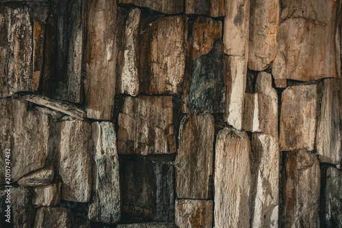 Close-up of rustic petrified wood wall texture. Vertical mineralized stone planks with natural brown and beige earthy tones for organic background and architectural design.