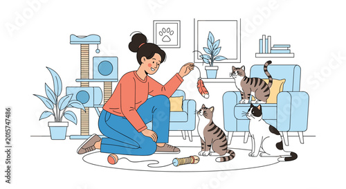 Young woman spending quality time playing with her three pet cats in a cozy living room equipped with a cat tree and various toys.