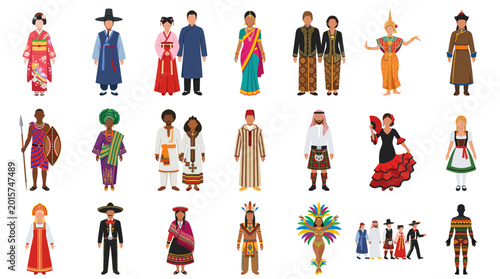 Traditional costume vector collection with diverse cultural clothing, folk dancers, national outfits, festival performers and ethnic character designs