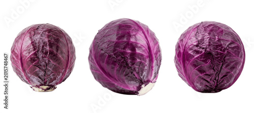 Whole red cabbage heads trio on white background, vivid purple cruciferous vegetables ideal for slaws, salads, pickling, roasting and colorful nutritious side dishes

