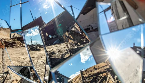 Fototapeta na wymiar Shattered Mirror Fragments Reflecting Distorted Sky and Ruins