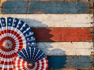 Rustic patriotic background with american flag fans on old wood