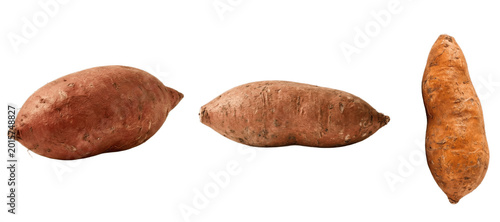 Foto Rustic whole sweet potatoes trio on white background, earthy orange root vegetab