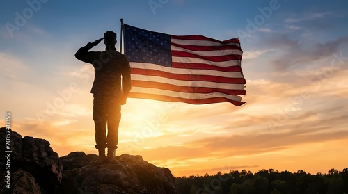 Patriotic 4th of july salute silhouette of soldier honoring american flag at sunset