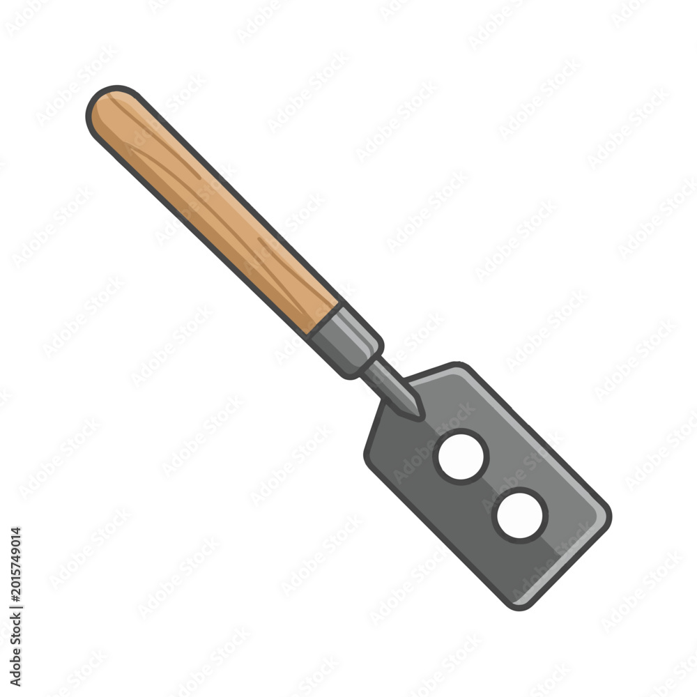 Fototapeta premium Cartoon garden bulb planter with a wooden handle and a metal blade featuring two round holes, suitable for digging and planting.