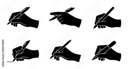 Tableau sur toile Hand Writing Icons, Silhouette Set of Six Diverse Grips Holding Pens and Pencils