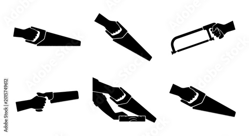 Konstfotografi Set of Six Black Saw Silhouettes, Hand Saw and Hacksaw Icons, Carpentry and DIY