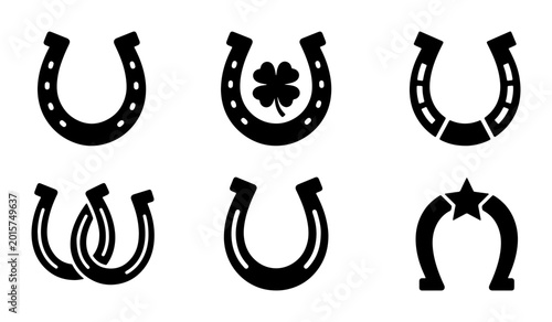 Billede på lærred Set of 6 Black Horseshoe Icons, Lucky Clover and Star Embellishments, Vector Gra