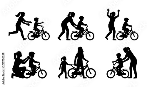 Photos Family Cycling Silhouettes: Parents Teaching Children to Ride Bikes, Outdoor Act