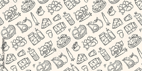 Healthy food doodle background. Nutrition food pattern background. Grocery seamless pattern. Real food hand drawn pattern with eggs, fruit, vegetable, fish, meat, water, milk, cheese.