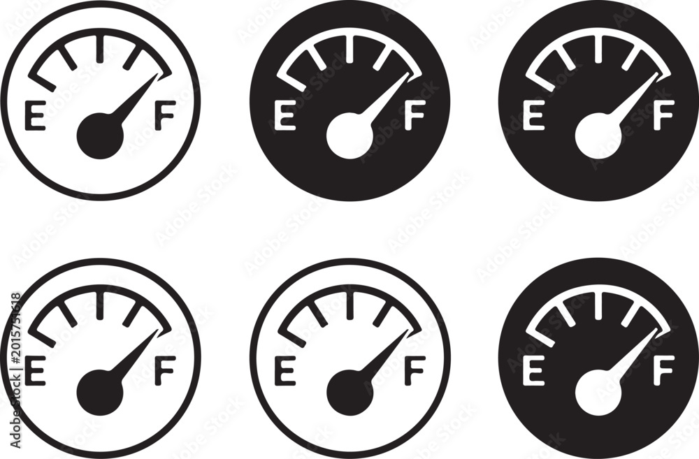 Fototapeta premium Various black and white fuel gauge icons indicating different levels between empty and full
