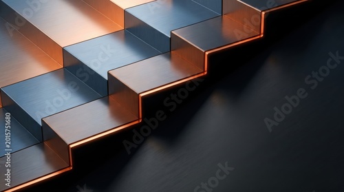 Metallic staircase with glowing copper edges, modern geometric stairs in dark blue and bronze tones, abstract architectural steps for business growth concept, luxury industrial metal texture.