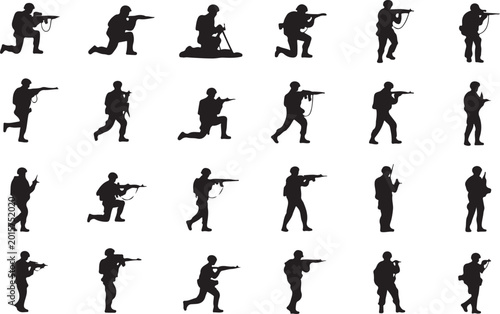 Soldier silhouettes in various shooting poses