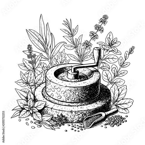 Vintage Engraving of a Hand Cranked Stone Spice Grinder and Herbs