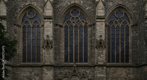 Gothic church facade with three large stained-glass windows and stone archways exterior