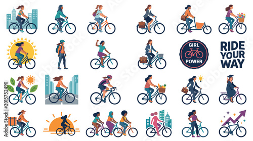 Colorful cycling vector set with bicycle riders, kids, families, helmets, flowers, sunset, bike route signs and ride your way lettering