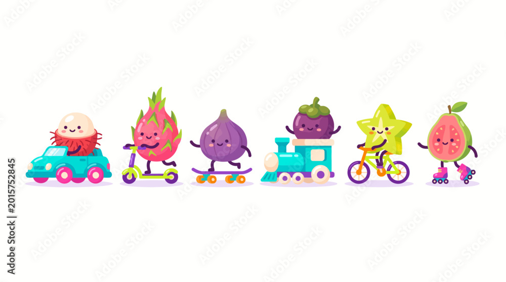 Obraz premium Playful Fruit Toys on Vehicles Cartoon Vector Neon Sticker Pack