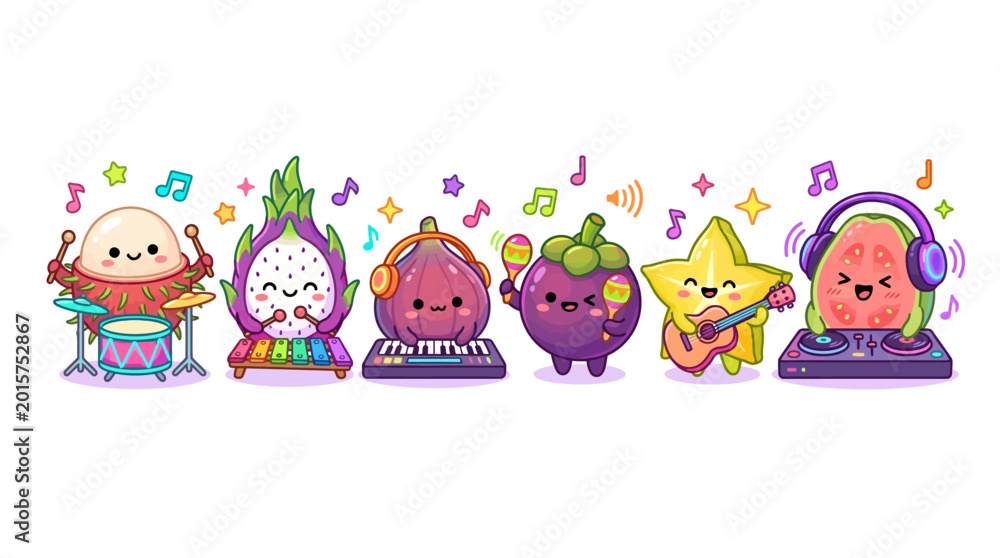 Fototapeta premium Cute Fruit Musical Toy Band Kawaii Kids Instruments Vector Set