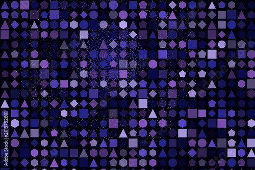 Abstract geometric pattern with vibrant purple shapes on dark background, seamless digital backdrop for versatile design applications.