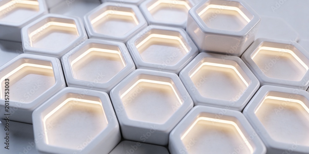 Fototapeta premium Glowing White Hexagonal Ceramic Cells with Soft Warm Light, Modular 3D Geometric Pattern Background for Modern Technology Banner