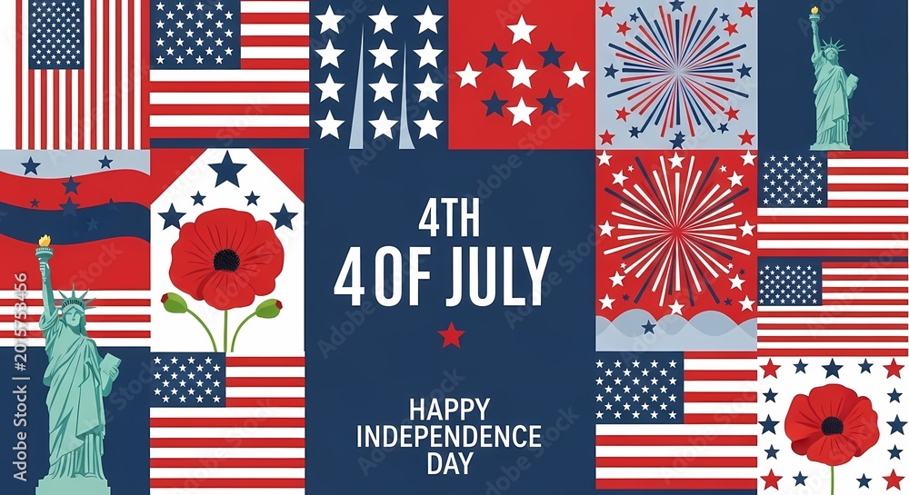 Obraz premium Patriotic 4th of july collage with statue of liberty and american flags