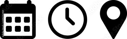 Calendar, clock, and location pin icons. Vector illustration.