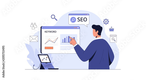 SEO specialist analyzing website performance and keywords for search engine optimization