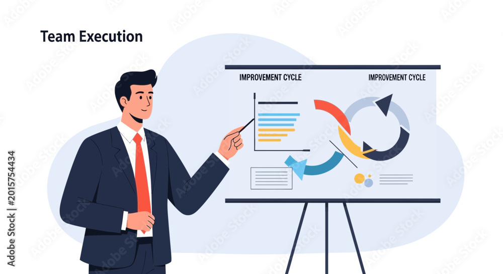 Obraz premium Businessman presents improvement cycle diagram on whiteboard, team execution concept