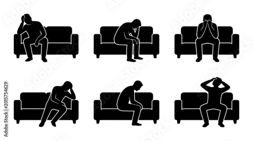 Foto Sad Man Sitting on Sofa, Silhouette Icons Representing Depression, Loneliness, a