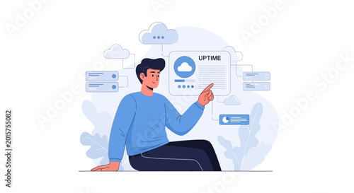 Cloud computing uptime monitoring, programmer working with data, IT service management