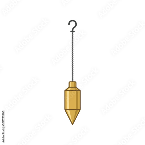 A gold-colored plumb bob tool, featuring a conical bottom and cylindrical top, suspended by a twisted string from a black hook. Used for determining vertical lines.